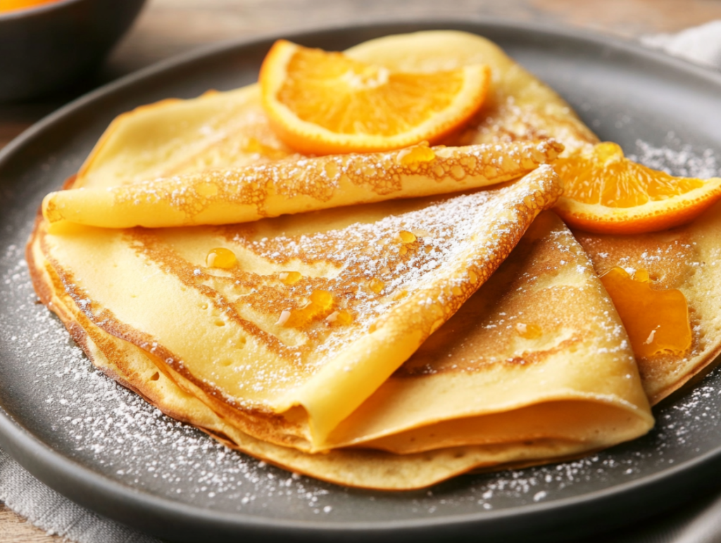 Crêpes Suzette dessert, with orange slices